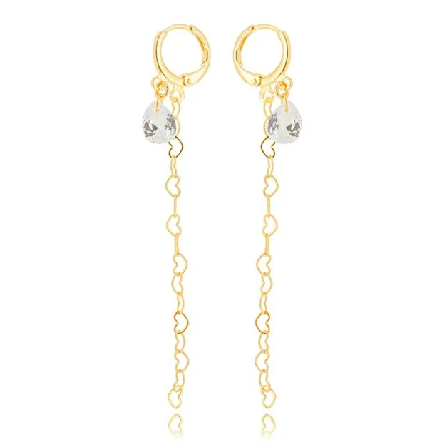Articulated Hoop Earring with Heart Link Chain and Zirconia 22K Gold Plated Anti-Allergy Semi Fine Jewellery
