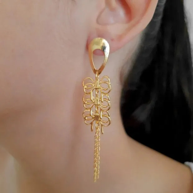 Drop Base Earring with Bows and Chains 22K Gold Plated Anti-Allergy Semi Fine Jewellery