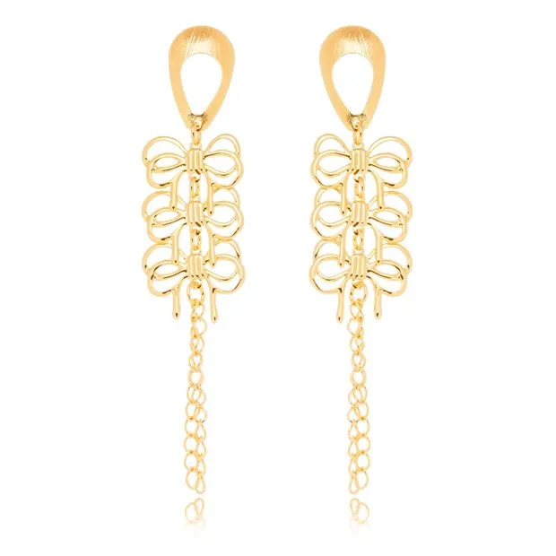 Drop Base Earring with Bows and Chains 22K Gold Plated Anti-Allergy Semi Fine Jewellery