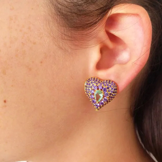 Maxi Heart Earring Zirconia Studded Amethyst and Tourmaline